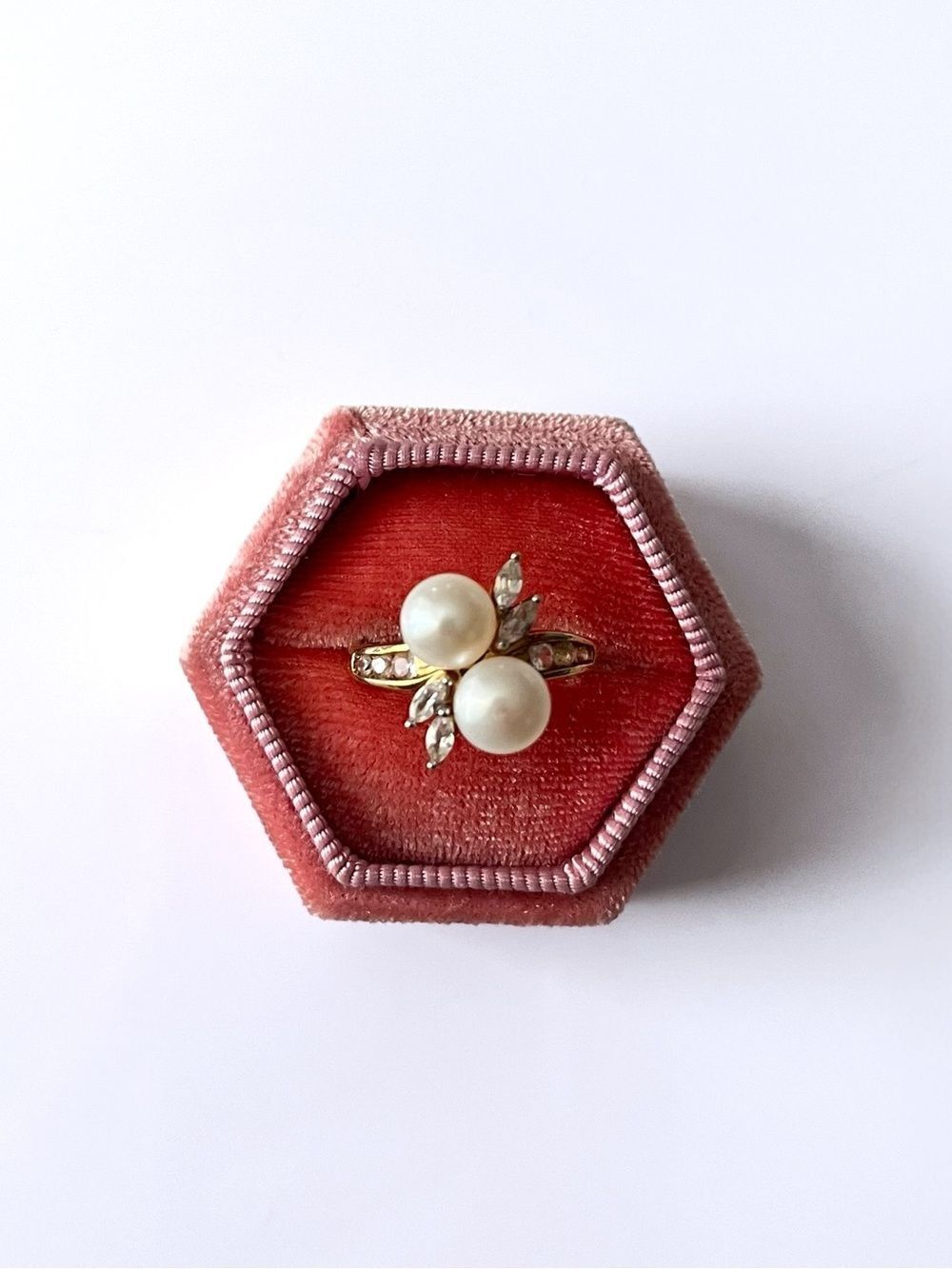 10K Yellow Gold Double White Pearl Marquise Topaz Ring
